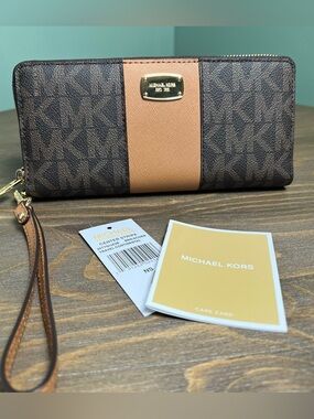 Michael Kors Travel Continental Wallet MK Logo Center Stripe Brown Wristlet NWT